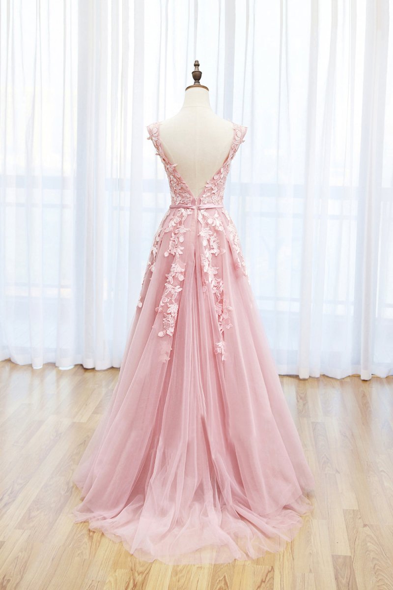 Irene | Pink Tulle Lace Long Prom Dress, Lovely A - Line Open Back Evening Dress - KissProm