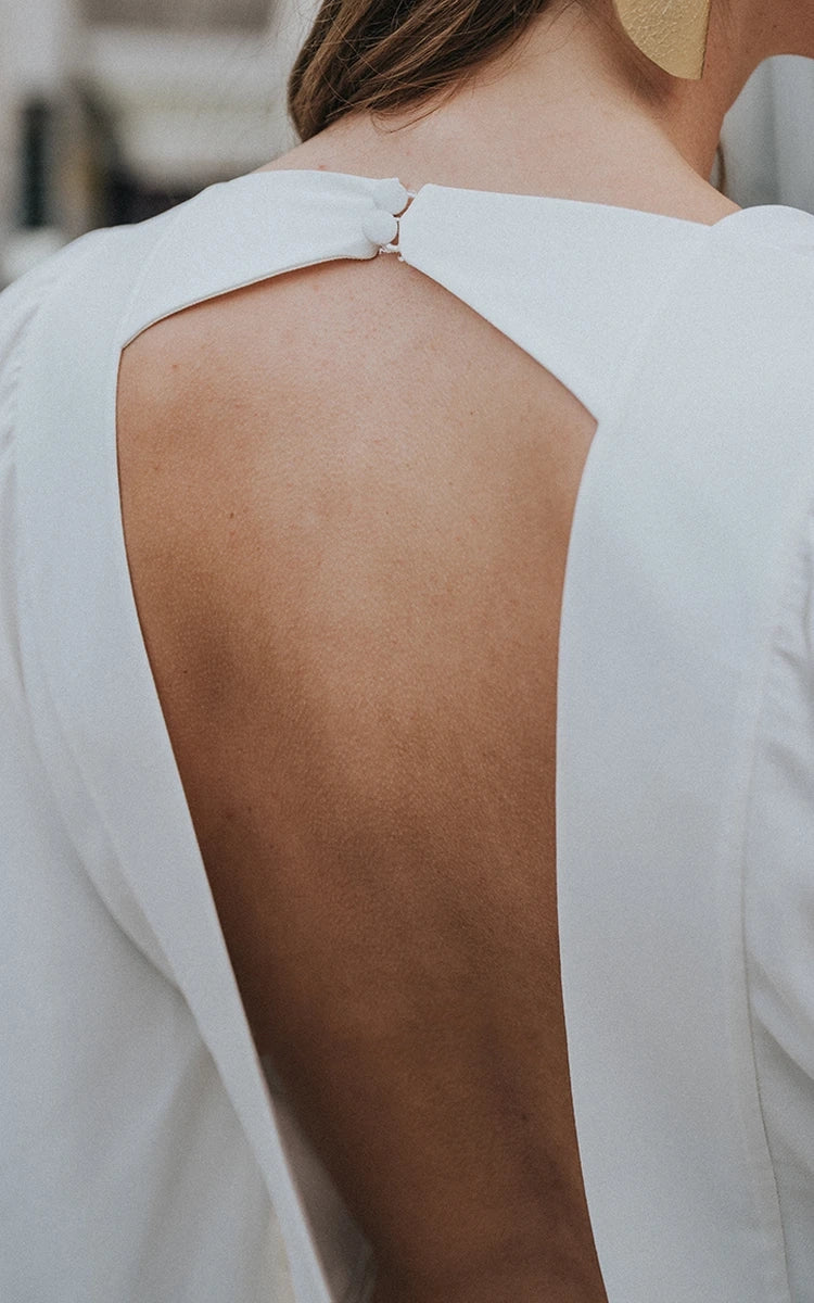 Melrose | Modest A-Line Long Sleeve Short Wedding Dresses with Sleeves Unique White V-Neck