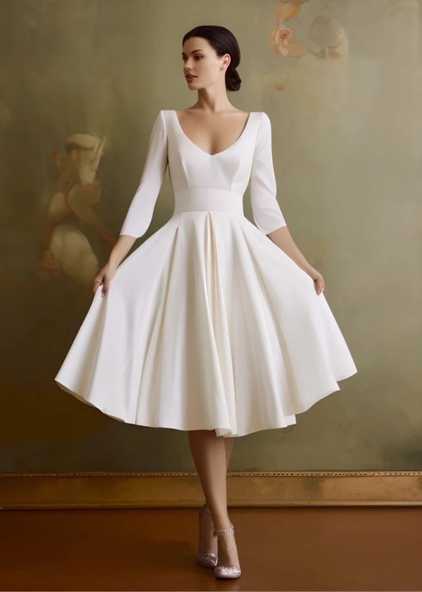 Blanca | Vintage Sleeved A - Line V - neck Satin Tea Length Wedding Dress - KissProm