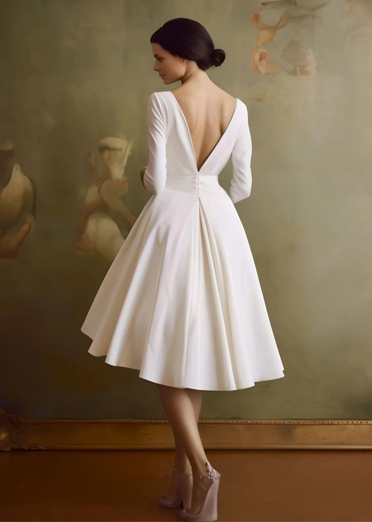 Blanca | Vintage Sleeved A-Line V-neck Satin Tea Length Wedding Dress