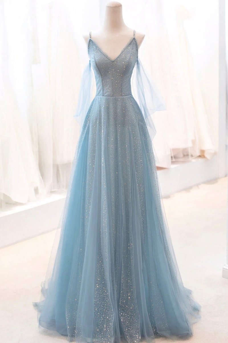 Kathryn | Dusty Blue Sparkly Tulle Long Prom Dress, A - Line Spaghetti Strap Evening Dress - KissProm