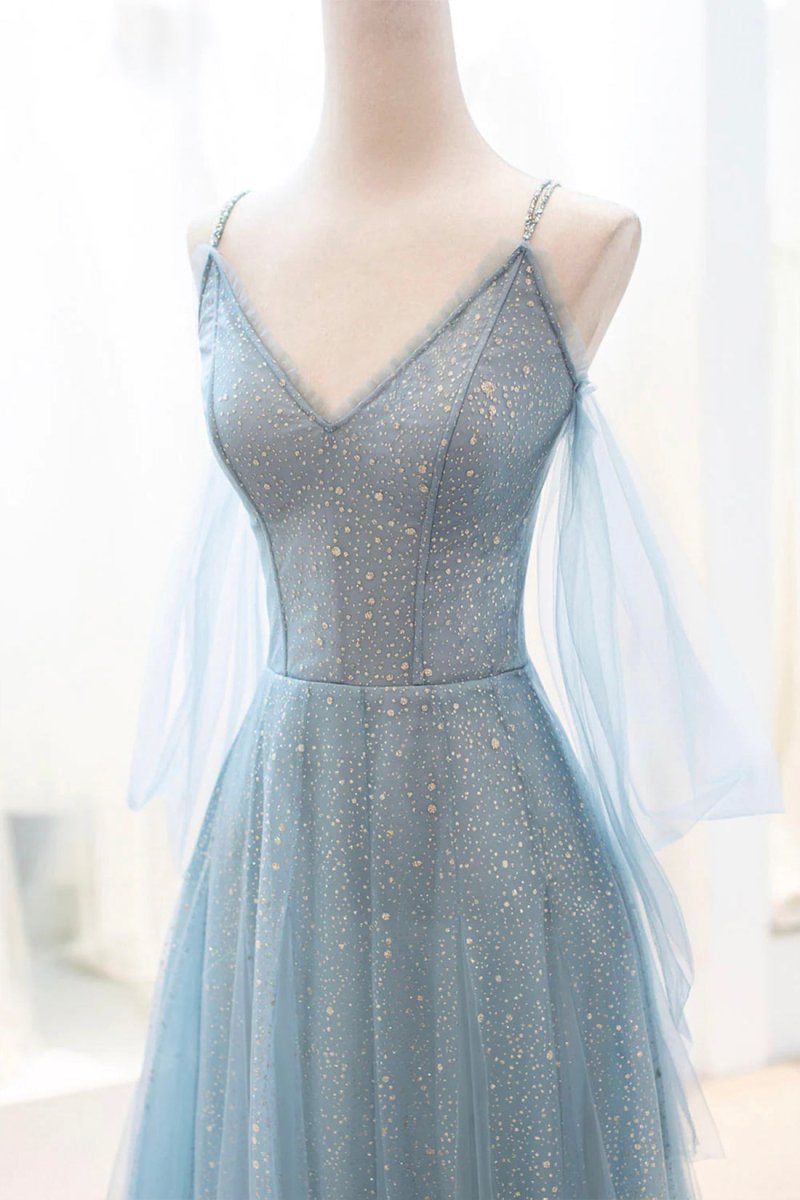 Kathryn | Dusty Blue Sparkly Tulle Long Prom Dress, A - Line Spaghetti Strap Evening Dress - KissProm