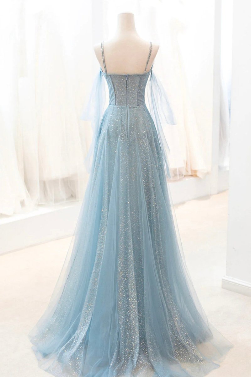 Kathryn | Dusty Blue Sparkly Tulle Long Prom Dress, A - Line Spaghetti Strap Evening Dress - KissProm