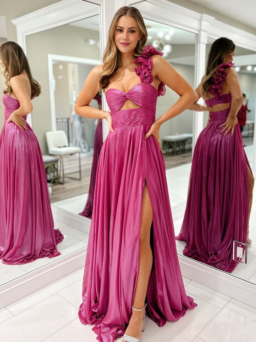 Wallis | A - Line Fuchsia One Shoulder Keyhole Pleated Metallic Prom Dress with Slit - KissProm