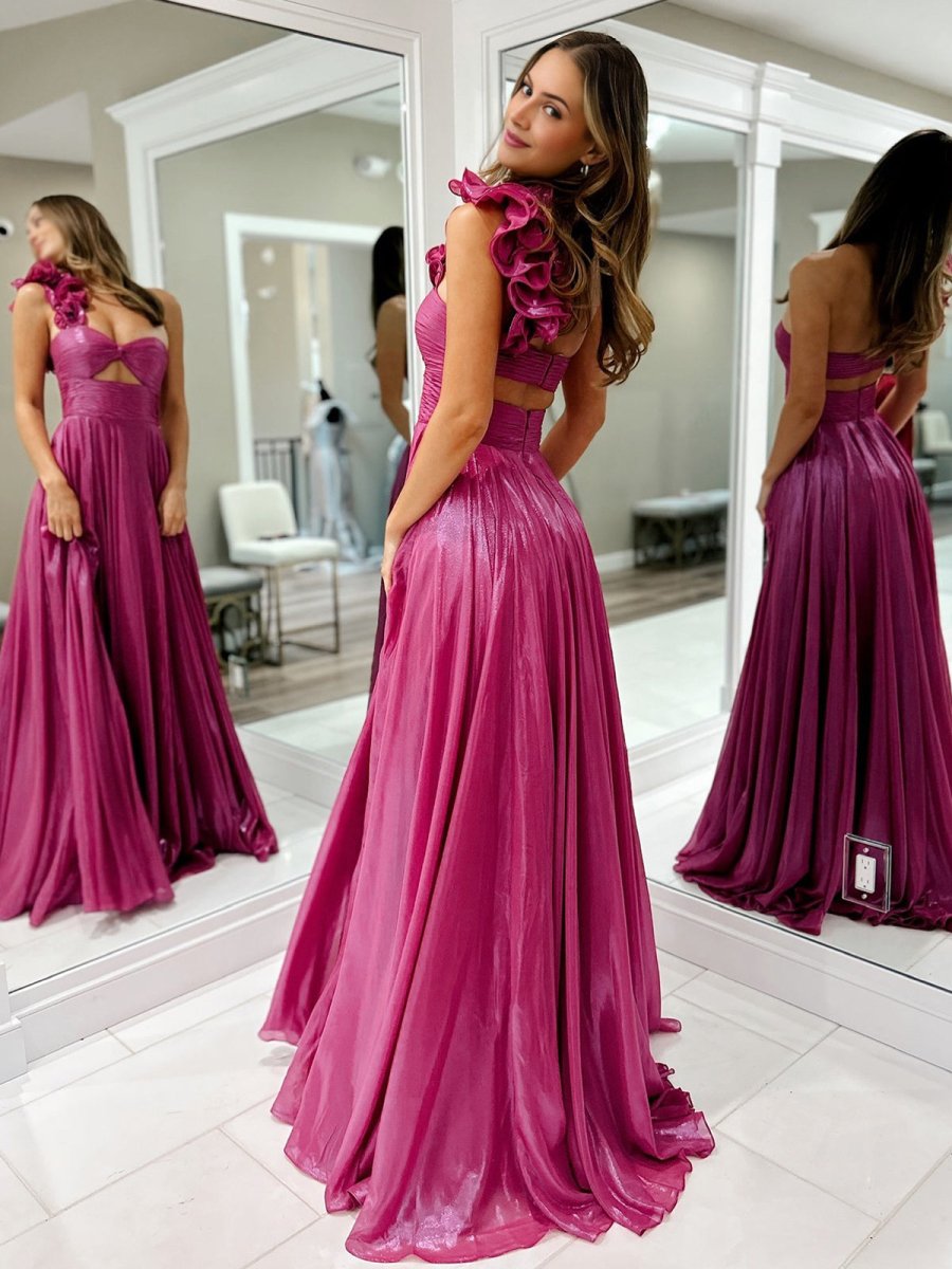 Wallis | A - Line Fuchsia One Shoulder Keyhole Pleated Metallic Prom Dress with Slit - KissProm