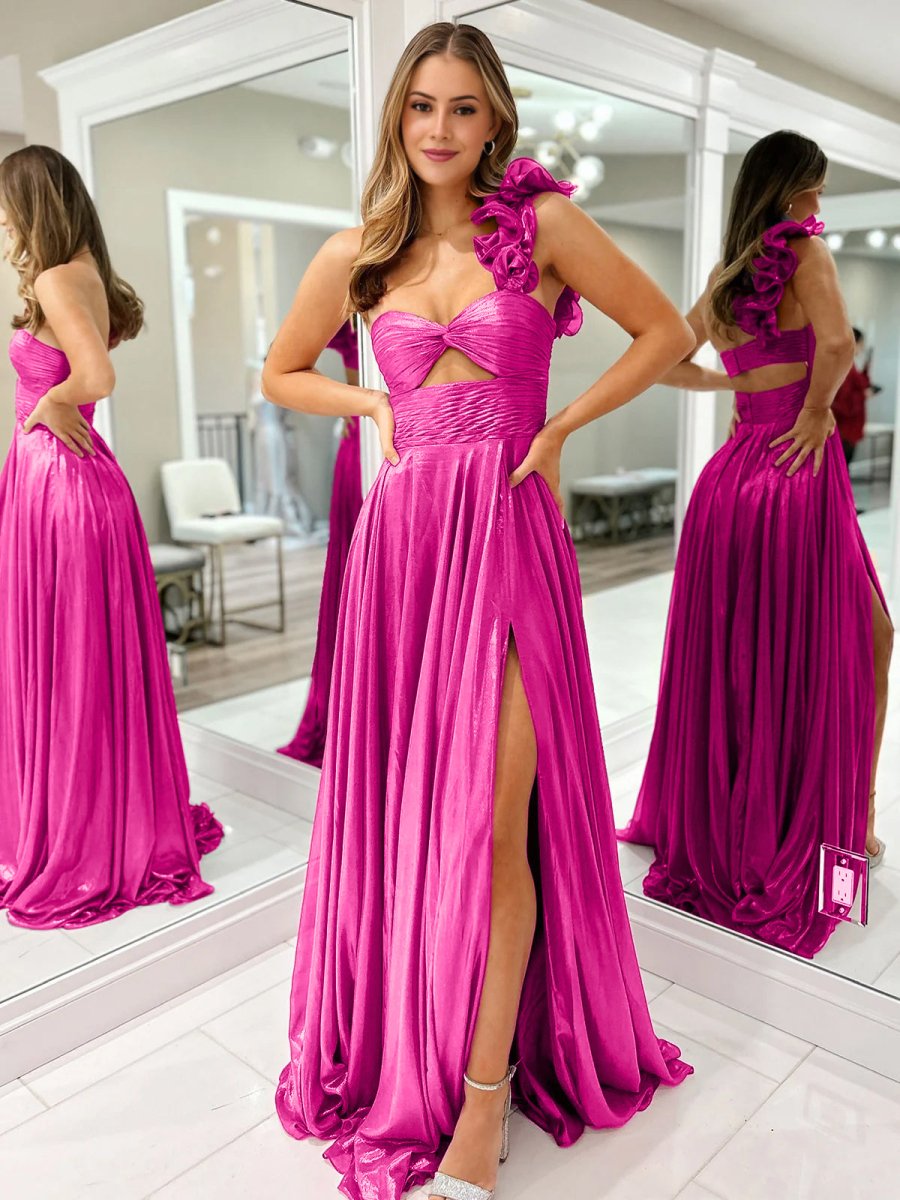 Wallis | A - Line Fuchsia One Shoulder Keyhole Pleated Metallic Prom Dress with Slit - KissProm