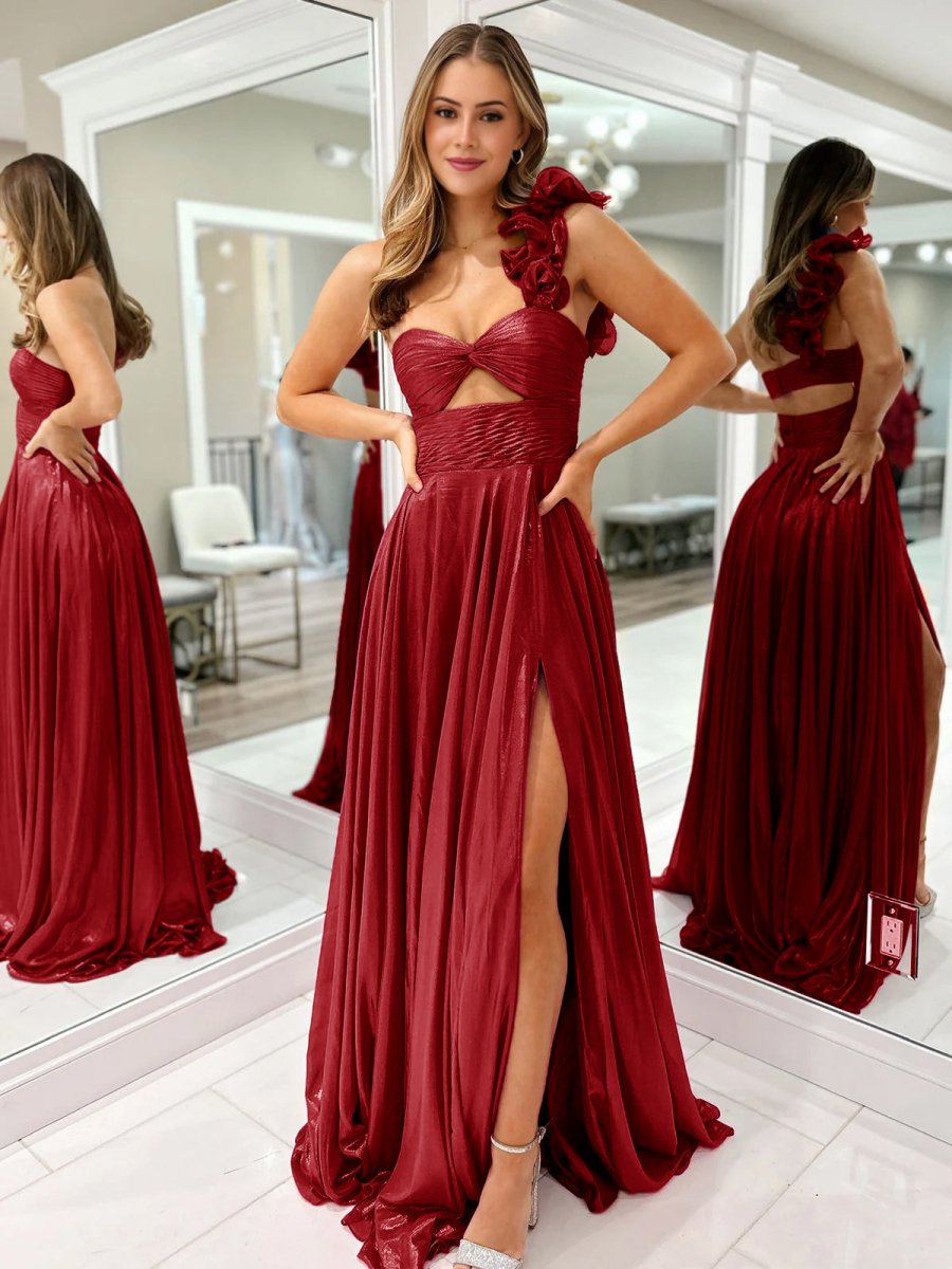 Wallis | A - Line Fuchsia One Shoulder Keyhole Pleated Metallic Prom Dress with Slit - KissProm