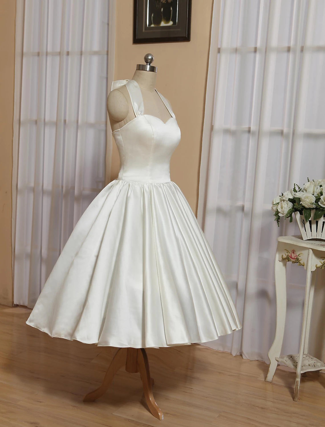 White A-Line Halter Sleeveless Tea Length Satin Bridal Gowns With Bow(s) Pleats