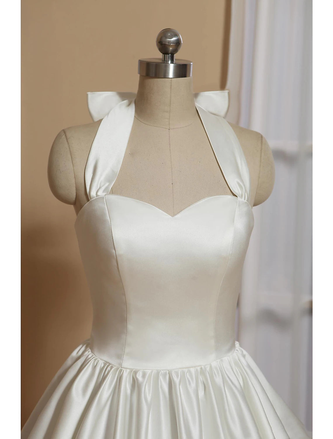 White A-Line Halter Sleeveless Tea Length Satin Bridal Gowns With Bow(s) Pleats