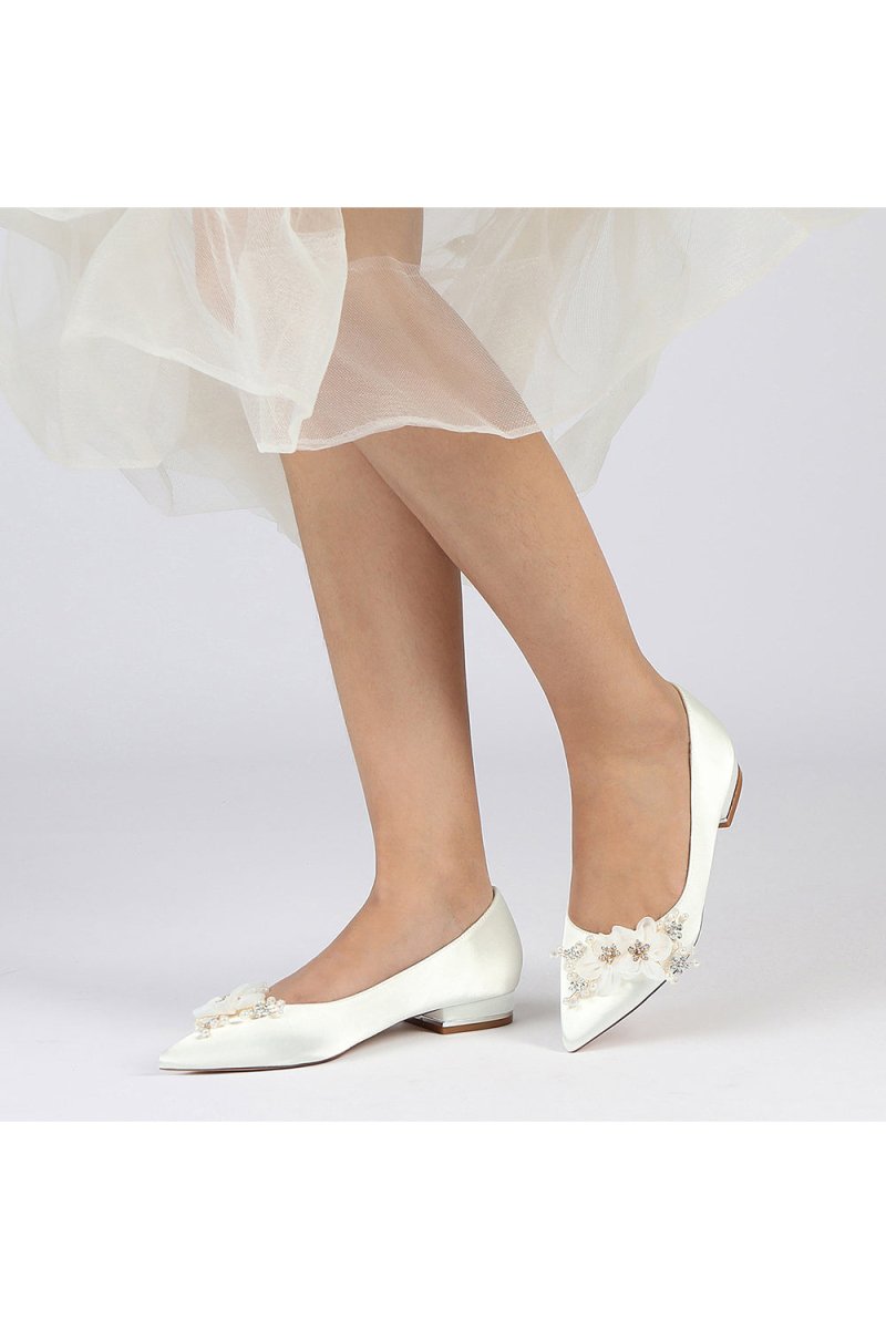 White Elegant Pointed Toe Low Heels with Rhinestone Flower - KissProm