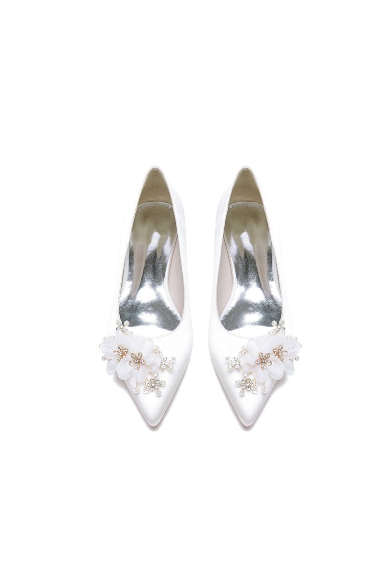 White Elegant Pointed Toe Low Heels with Rhinestone Flower - KissProm