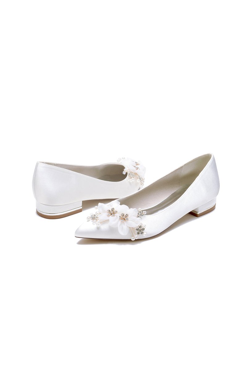 White Elegant Pointed Toe Low Heels with Rhinestone Flower - KissProm