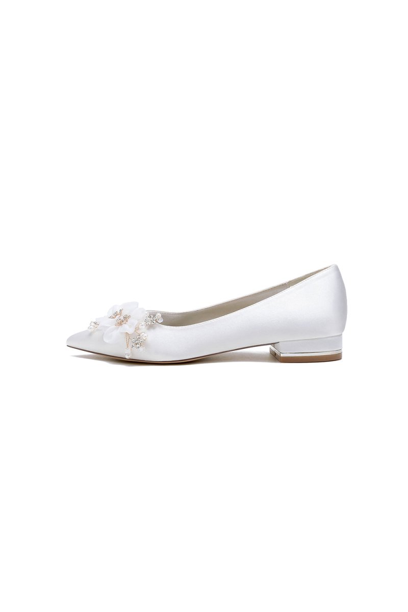 White Elegant Pointed Toe Low Heels with Rhinestone Flower - KissProm