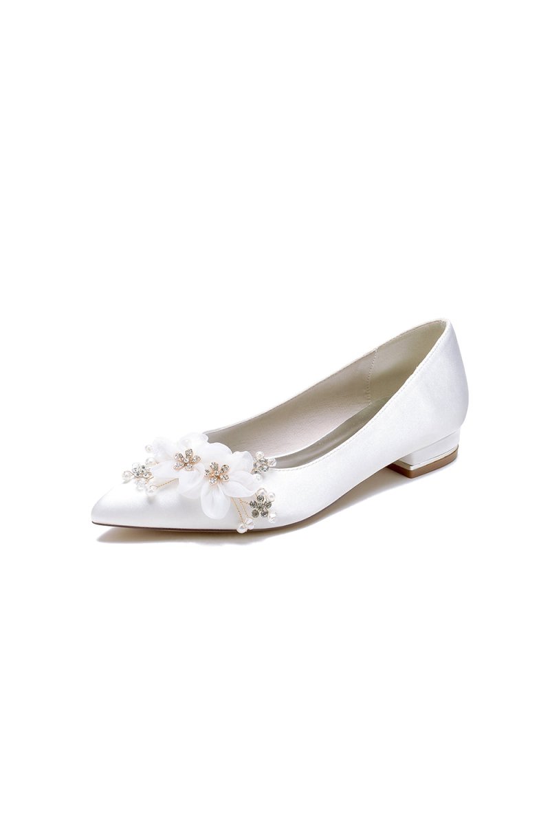 White Elegant Pointed Toe Low Heels with Rhinestone Flower - KissProm