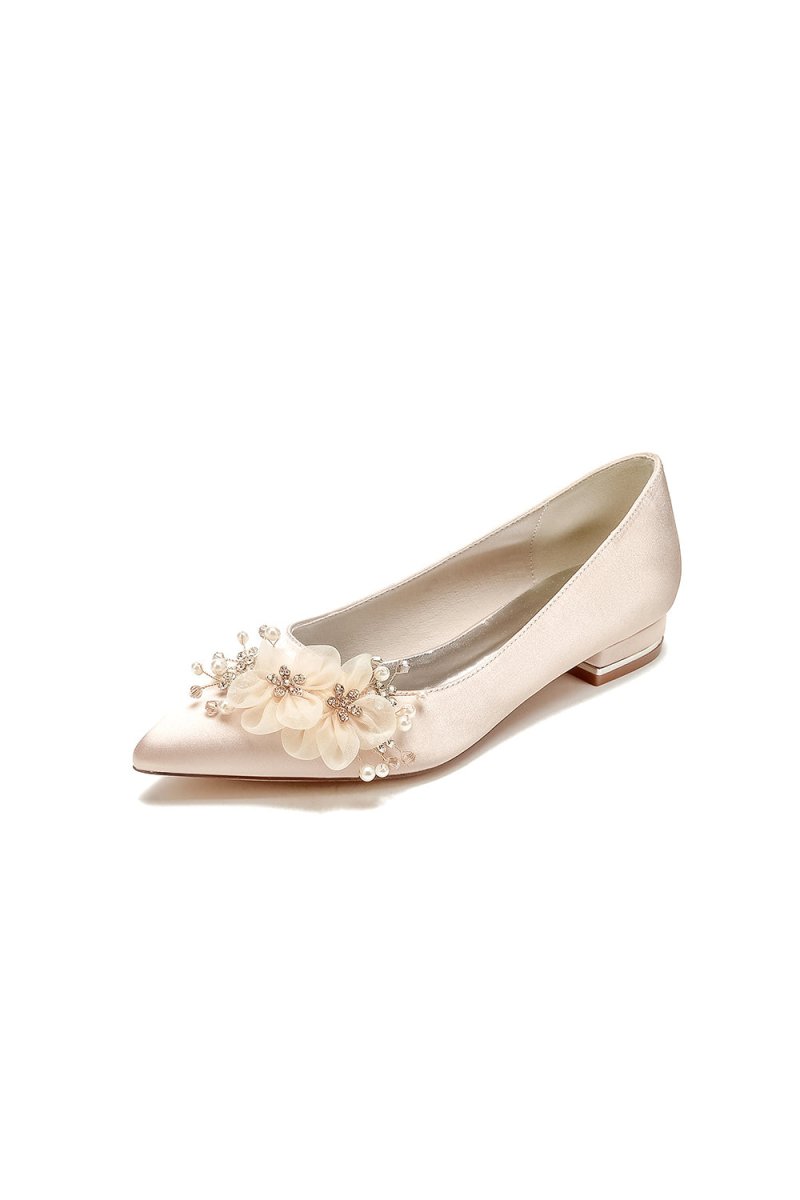 White Elegant Pointed Toe Low Heels with Rhinestone Flower - KissProm