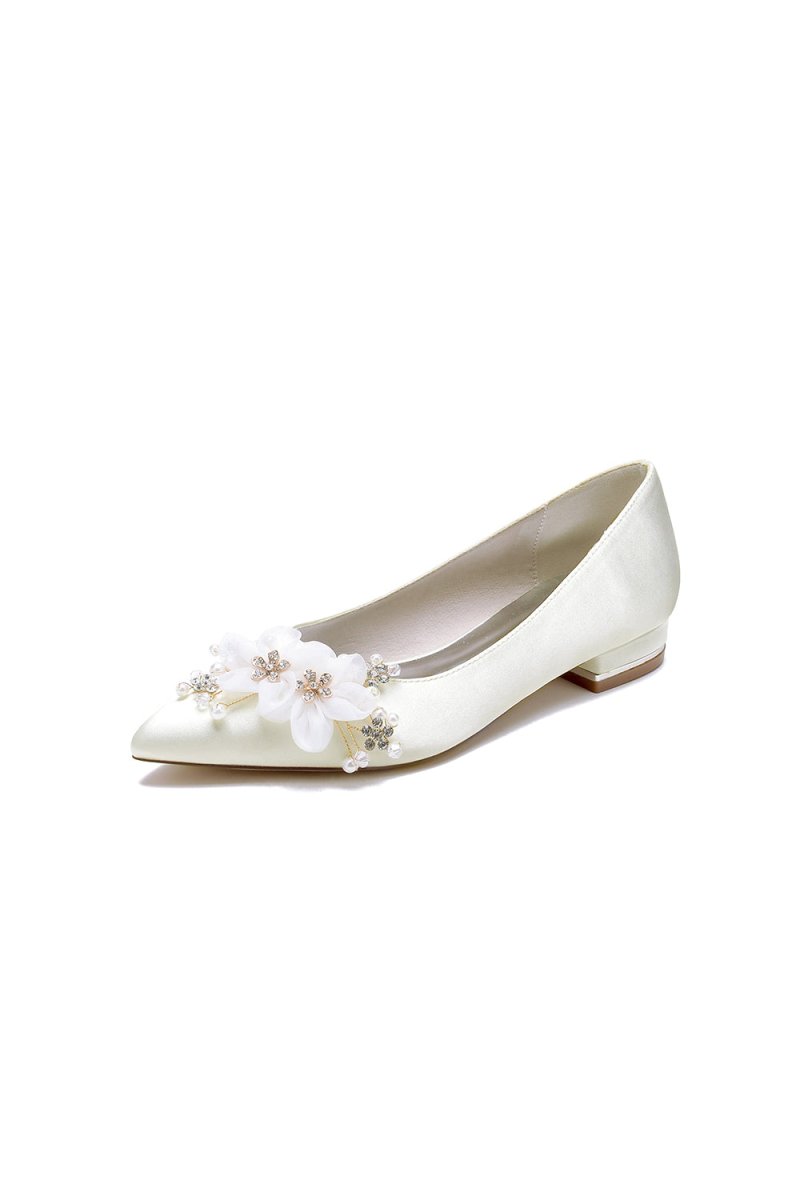 White Elegant Pointed Toe Low Heels with Rhinestone Flower - KissProm