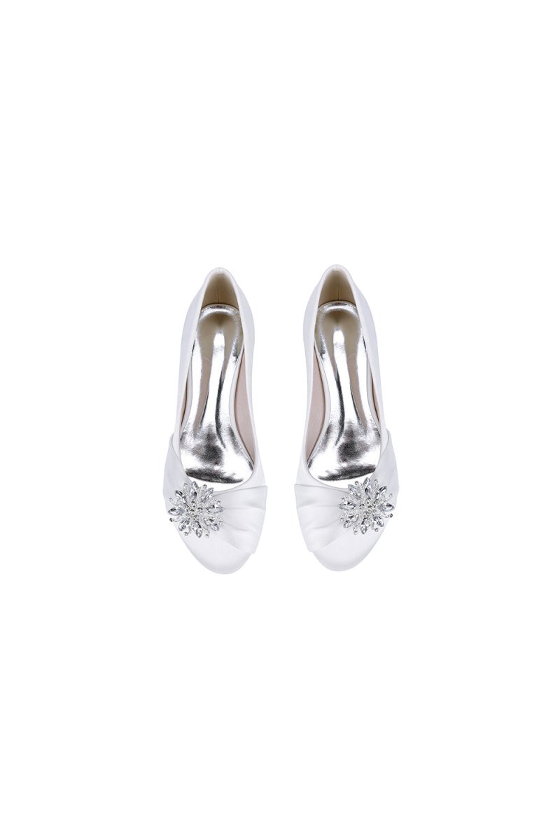 Navy Blue Flat Shoes with Crystal Flower Decoration - KissProm