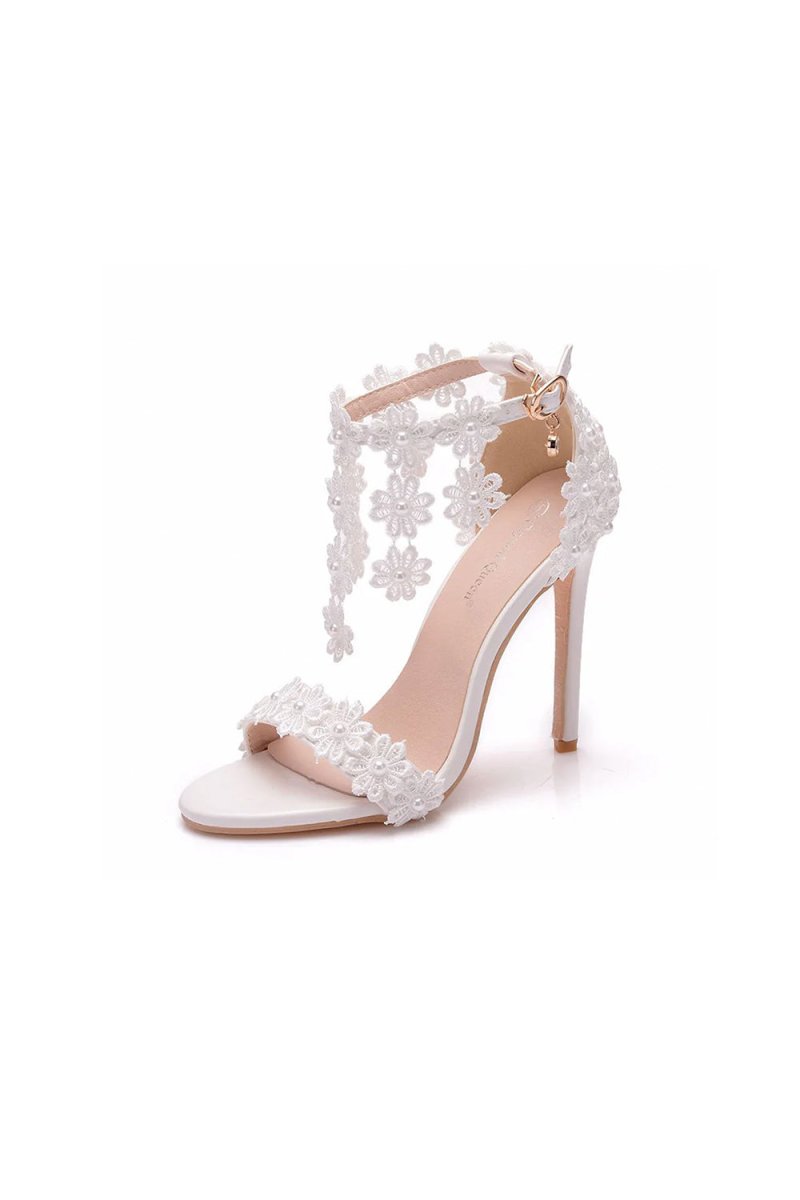 White Lace Flowers Tassels Open Toe Ankle - strap Ultra High Heels - KissProm