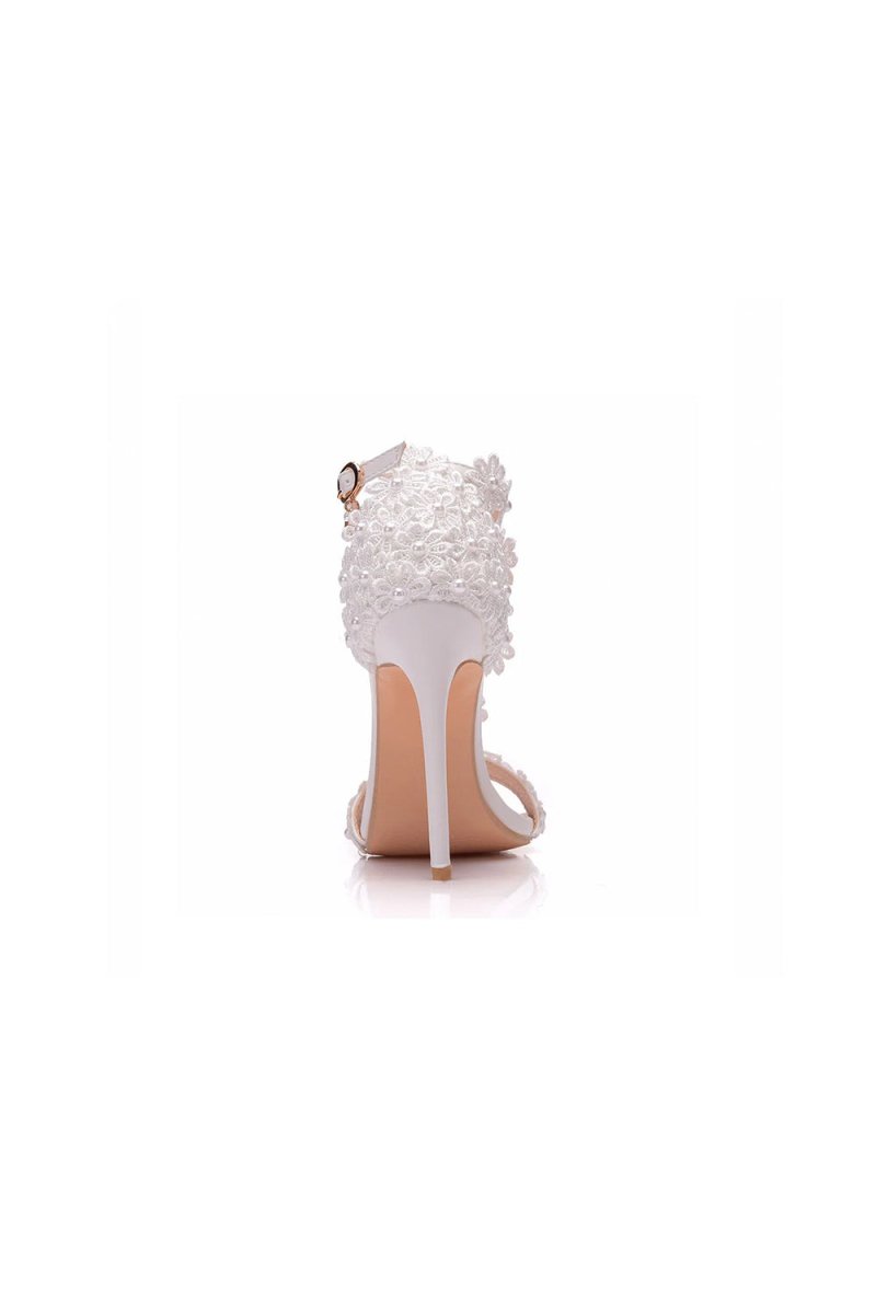 White Lace Flowers Tassels Open Toe Ankle - strap Ultra High Heels - KissProm