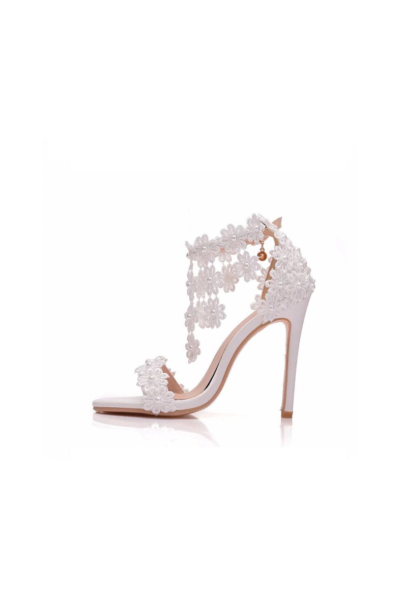 White Lace Flowers Tassels Open Toe Ankle - strap Ultra High Heels - KissProm