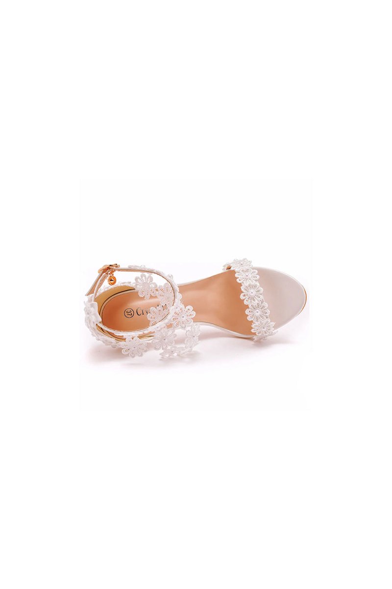 White Lace Flowers Tassels Open Toe Ankle - strap Ultra High Heels - KissProm