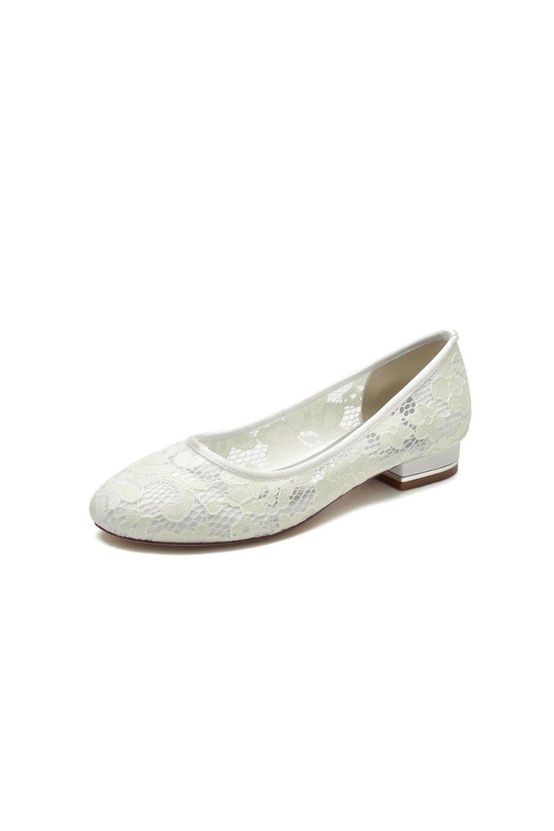 White Lace Open Toe Flats Bridal Shoes - KissProm