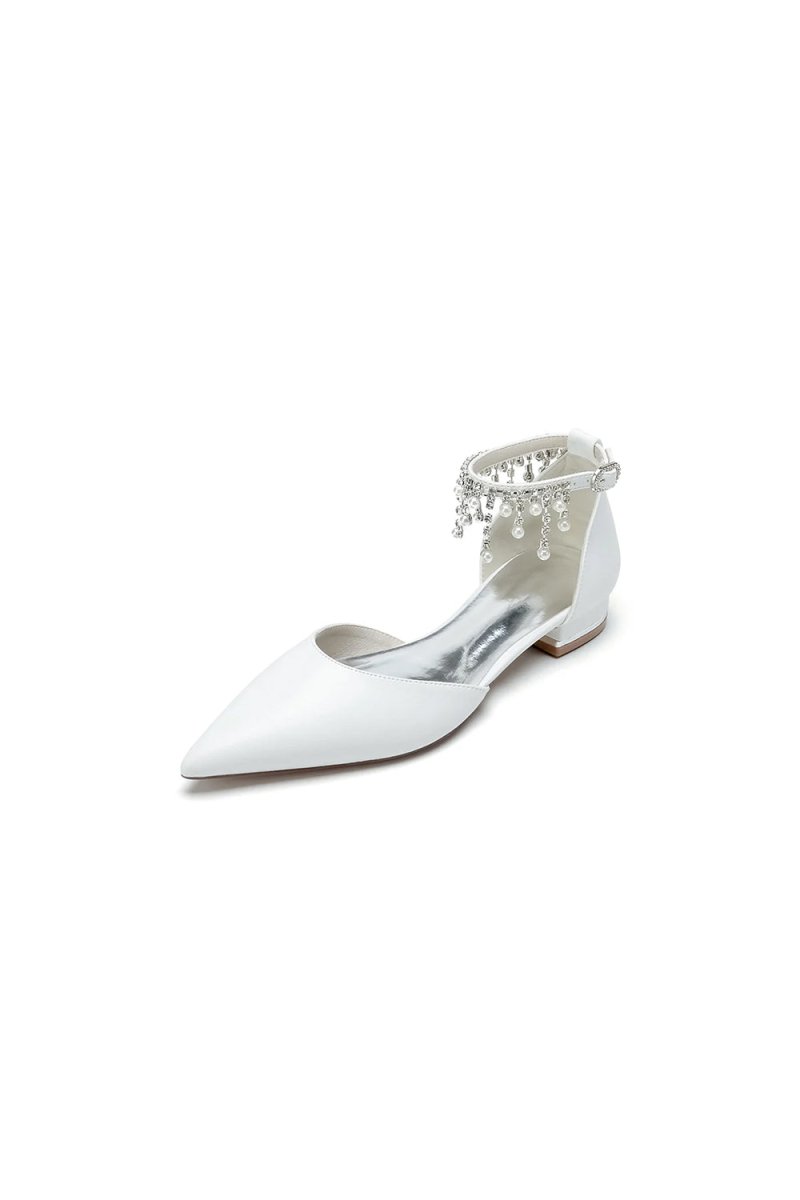 White Pearl Beaded Ankle Strap Pointed Toe Low Heels - KissProm