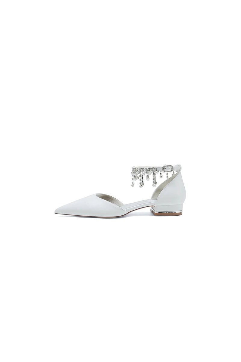 White Pearl Beaded Ankle Strap Pointed Toe Low Heels - KissProm