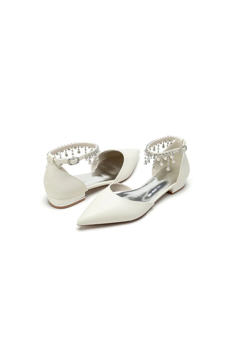 White Pearl Beaded Ankle Strap Pointed Toe Low Heels - KissProm