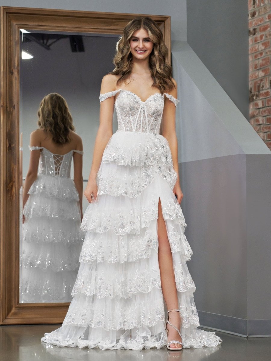 White Princess A Line Off the Shoulder White Corset Prom Dress with Lace Ruffles - KissProm