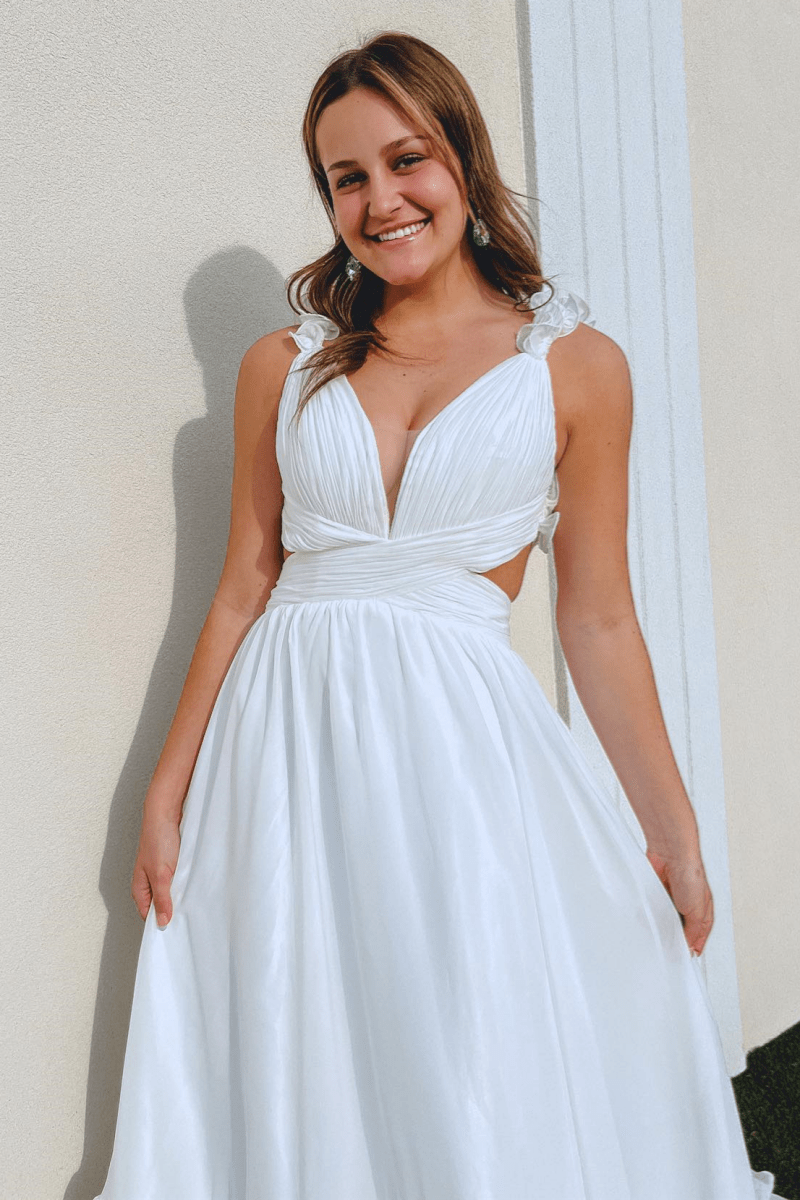 White Ruffle Straps Pleated Cut - Out Deep V Long Prom Dress - KissProm