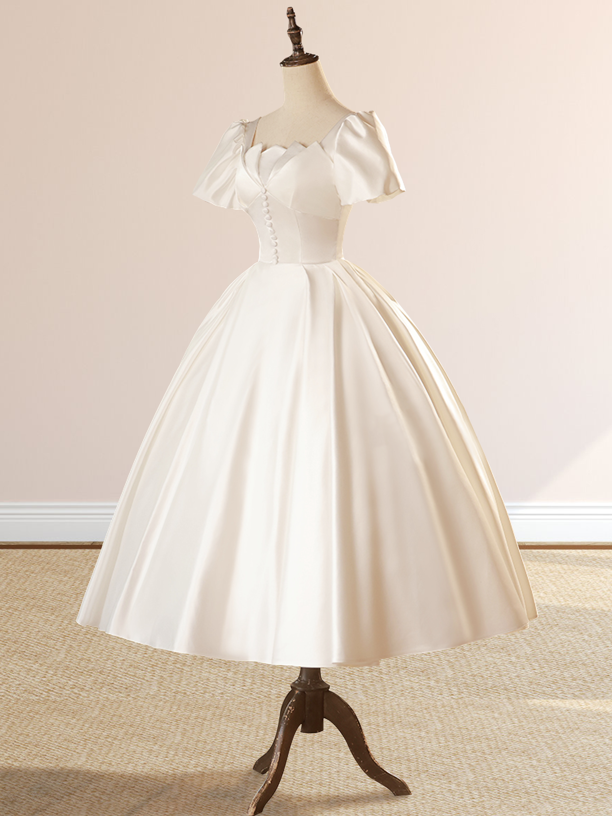 White Satin Square Neck Short Sleeve Lace Up Wedding Dress