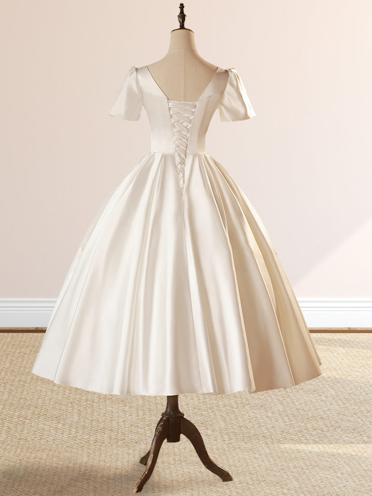 White Satin Square Neck Short Sleeve Lace Up Wedding Dress