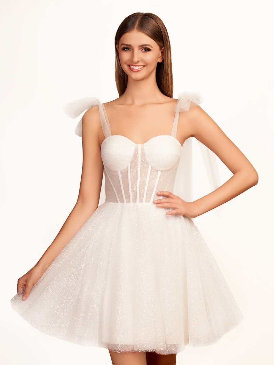 Jessalyn | A - Line Tie Shoulder Ivory Spraying Short Party Dress - KissProm