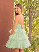 KissProm A Line Tulle Keyhole Halter Short Homecoming Dress with Ruffles | This dress boasts a striking hue, a halter neckline, and charming details like ruffles, pleats, and handmade flowers.