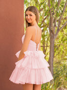 KissProm A Line Tulle Keyhole Halter Short Homecoming Dress with Ruffles | This dress boasts a striking hue, a halter neckline, and charming details like ruffles, pleats, and handmade flowers.