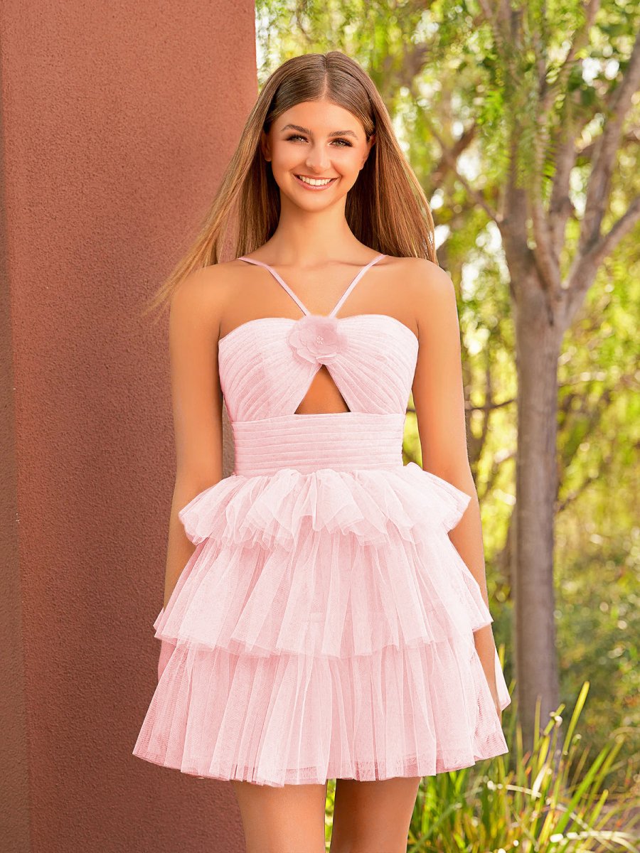 Queena | A Line Tulle Orange Keyhole Halter Short Homecoming Dress with Ruffles - KissProm