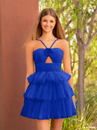 KissProm A Line Tulle Keyhole Halter Short Homecoming Dress with Ruffles | This dress boasts a striking hue, a halter neckline, and charming details like ruffles, pleats, and handmade flowers.