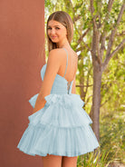 KissProm A Line Tulle Keyhole Halter Short Homecoming Dress with Ruffles | This dress boasts a striking hue, a halter neckline, and charming details like ruffles, pleats, and handmade flowers.