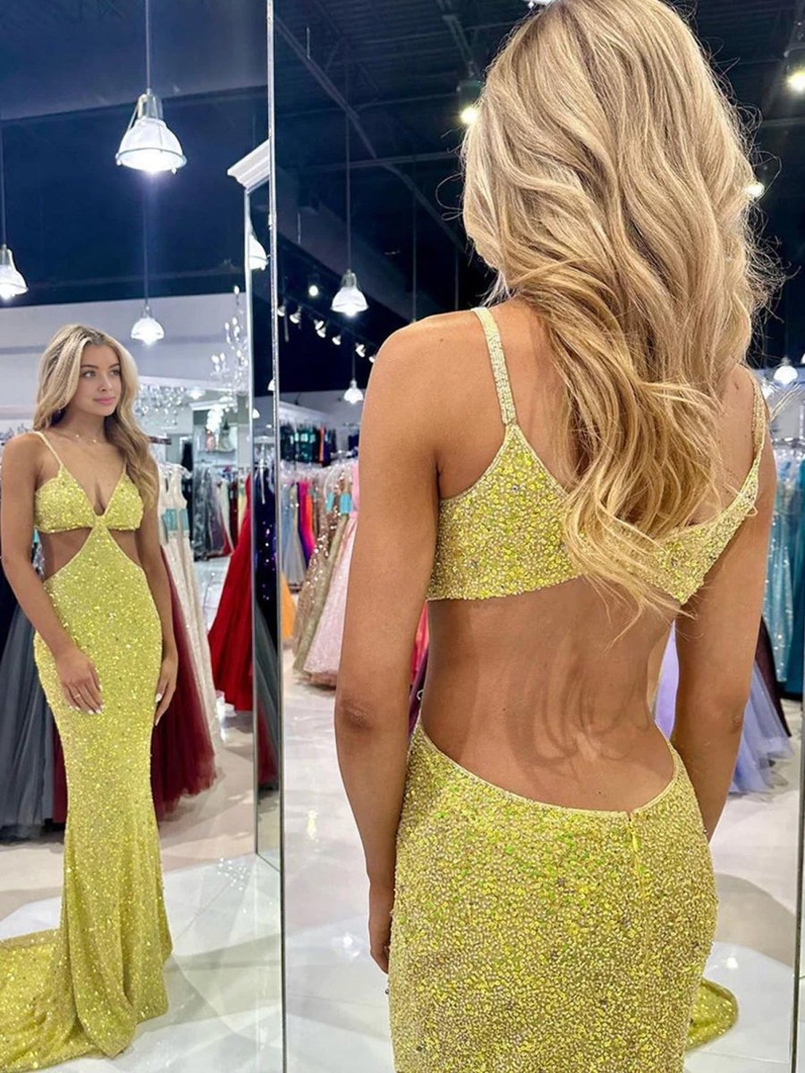 Terri | Mustard Green Sequins Deep V Neck Cutout Long Prom Dresses - KissProm