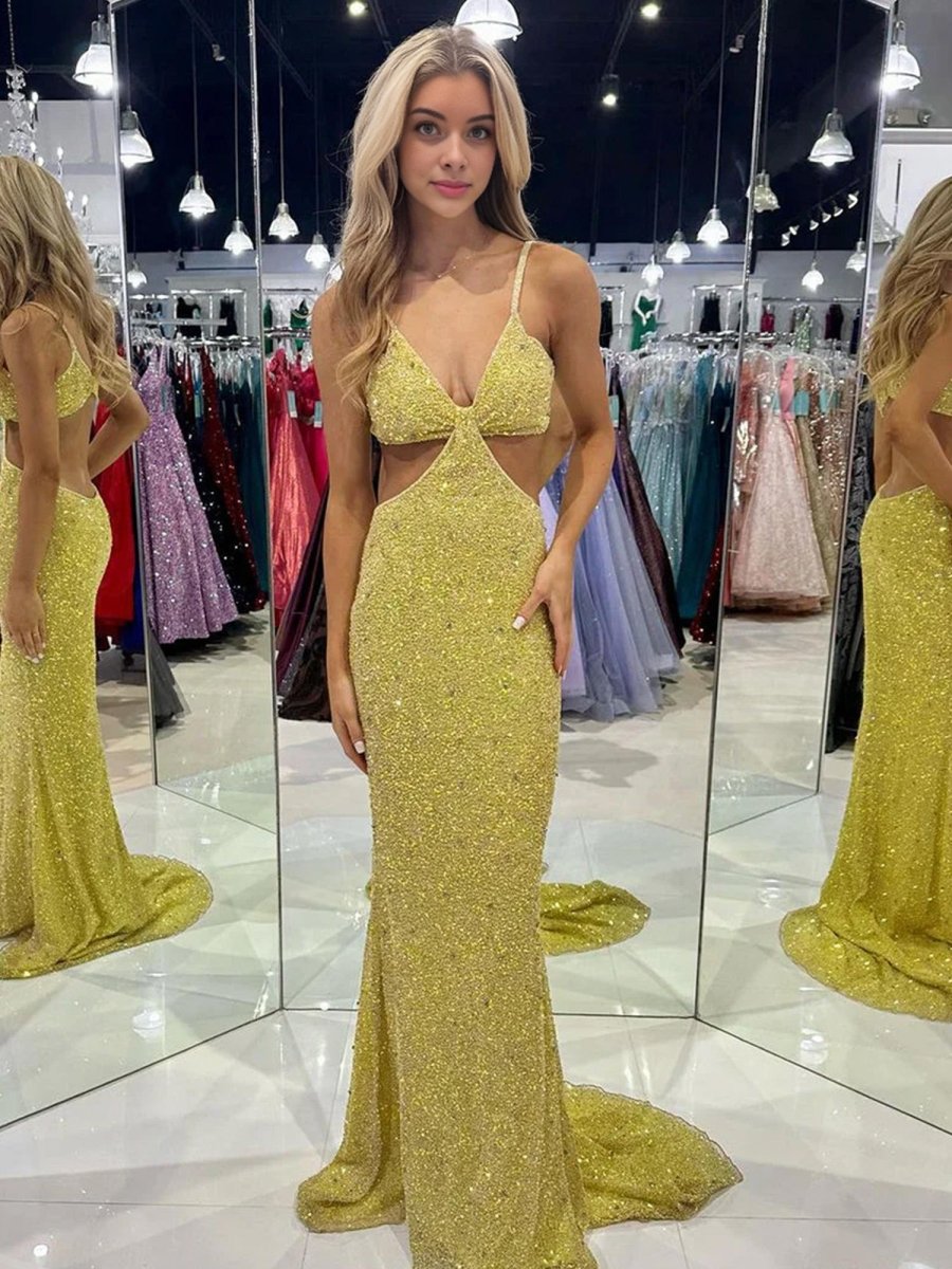 Terri | Mustard Green Sequins Deep V Neck Cutout Long Prom Dresses - KissProm