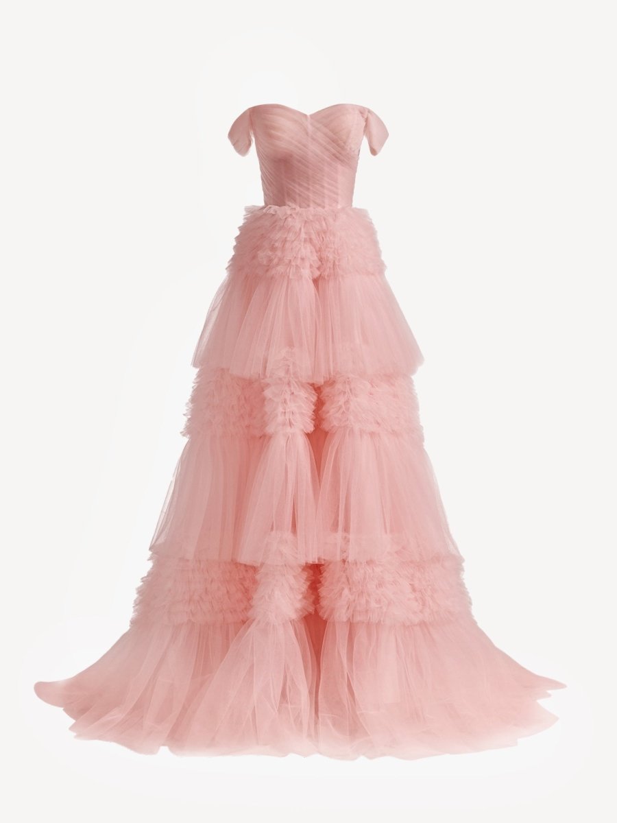 Zariah | Blush Princess A line Off Shoulder Ruffled Tulle Prom Dress - KissProm