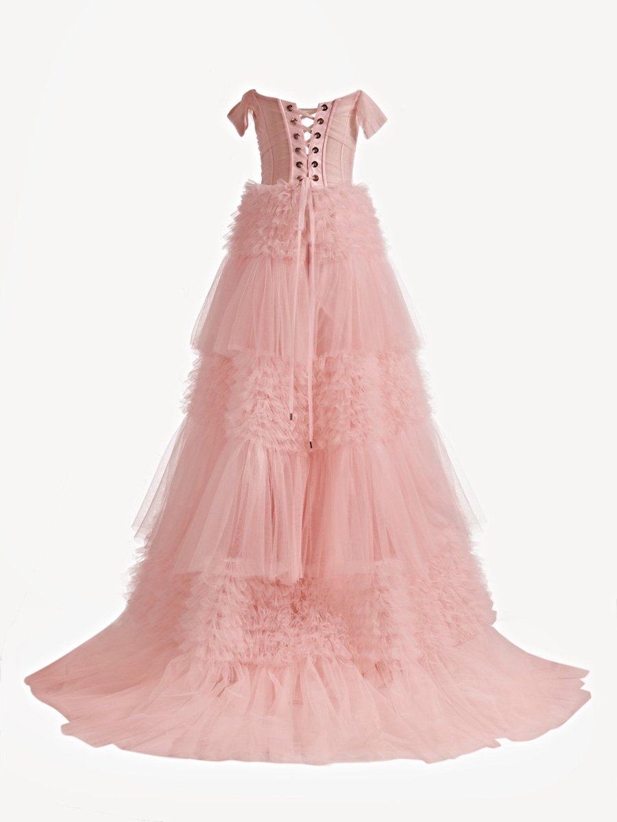 Zariah | Blush Princess A line Off Shoulder Ruffled Tulle Prom Dress - KissProm