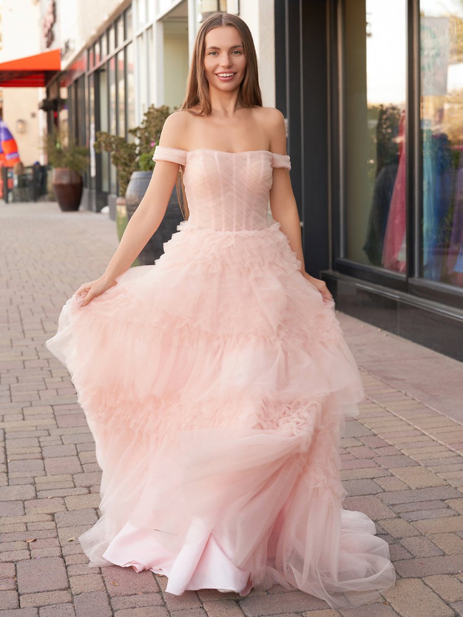 Zariah | Blush Princess A line Off Shoulder Ruffled Tulle Prom Dress - KissProm