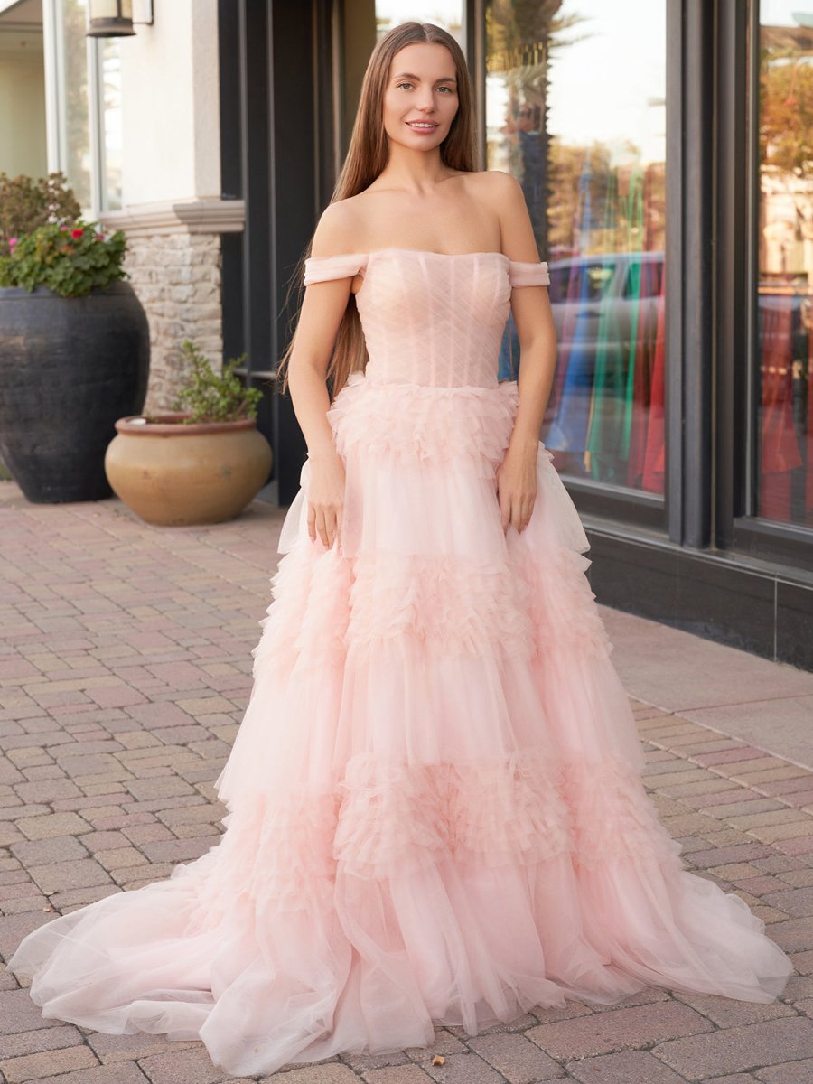 Zariah | Blush Princess A line Off Shoulder Ruffled Tulle Prom Dress - KissProm