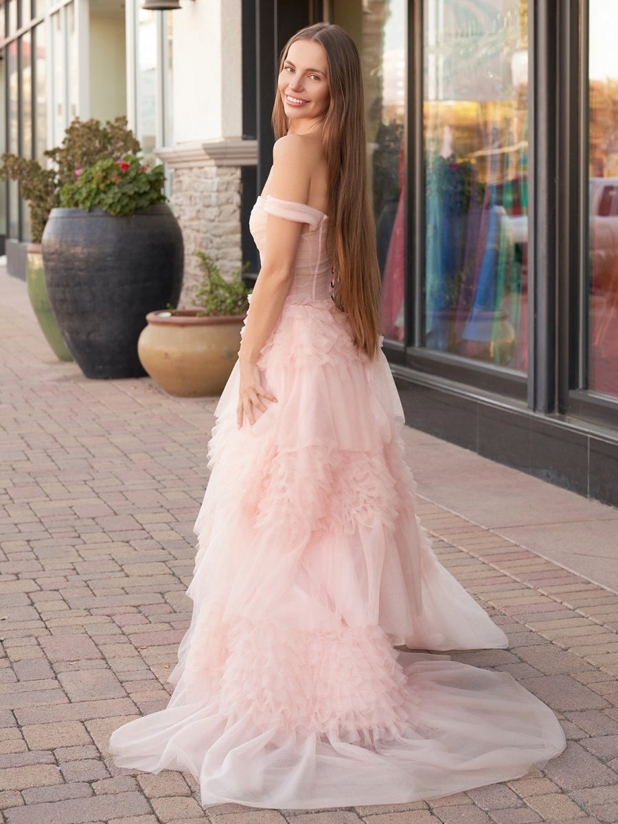 Zariah | Blush Princess A line Off Shoulder Ruffled Tulle Prom Dress - KissProm