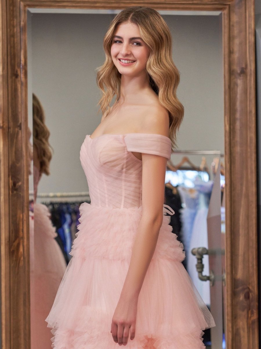 Zariah | Blush Princess A line Off Shoulder Ruffled Tulle Prom Dress - KissProm