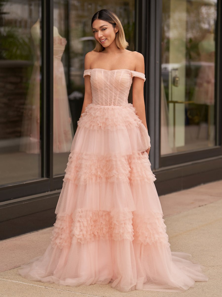 Zariah | Blush Princess A line Off Shoulder Ruffled Tulle Prom Dress - KissProm