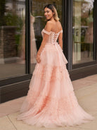 Zariah | Blush Princess A line Off Shoulder Ruffled Tulle Prom Dress - KissProm