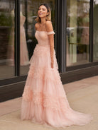 Zariah | Blush Princess A line Off Shoulder Ruffled Tulle Prom Dress - KissProm